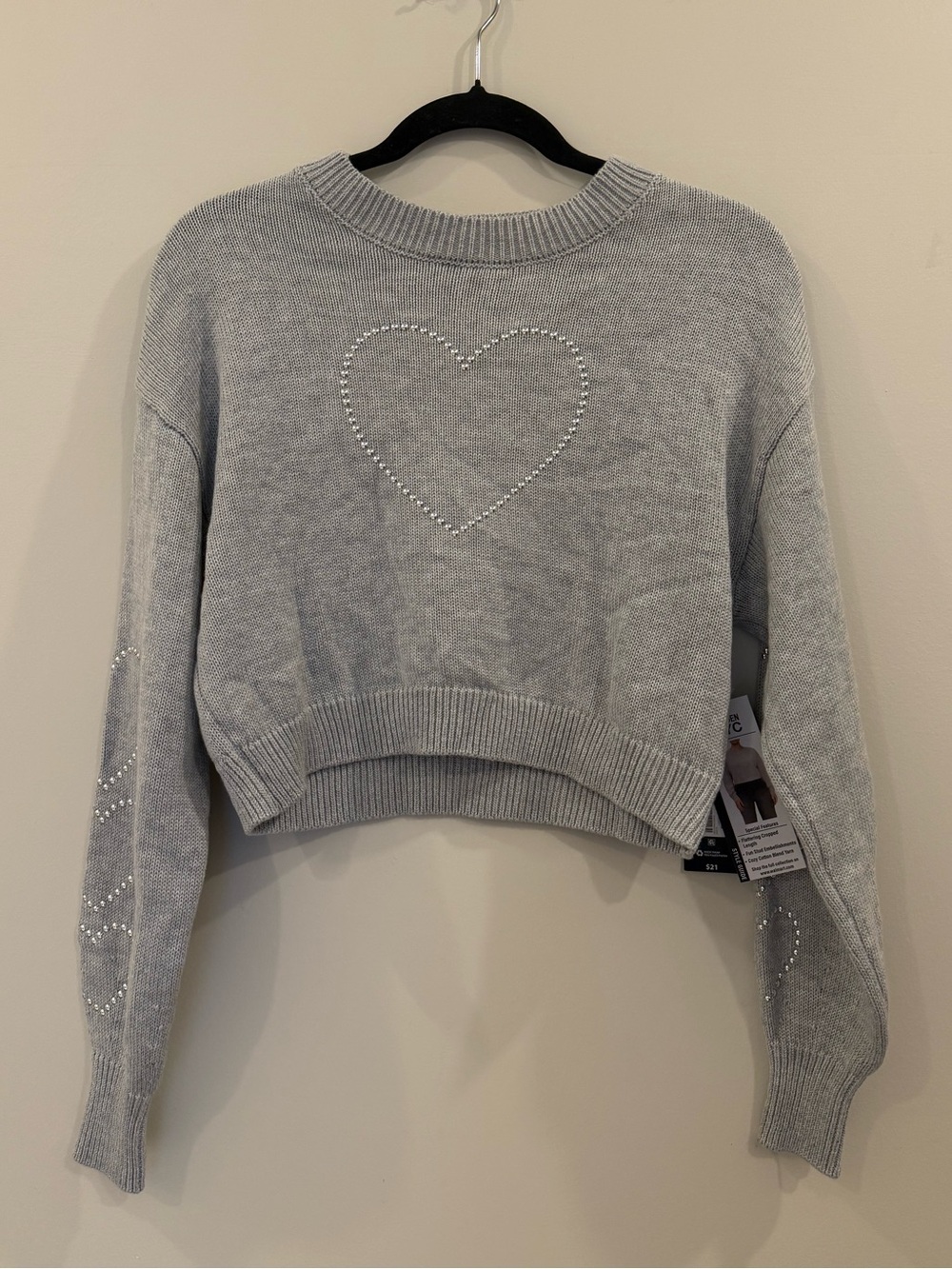 Steve Madden Light Gray Cropped Crewneck Sweater with Heart Studs